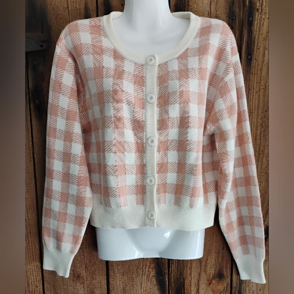 Luca + Grae Cardigan Sweater Pink White Button-Down Women's Sz S Crew Neck
